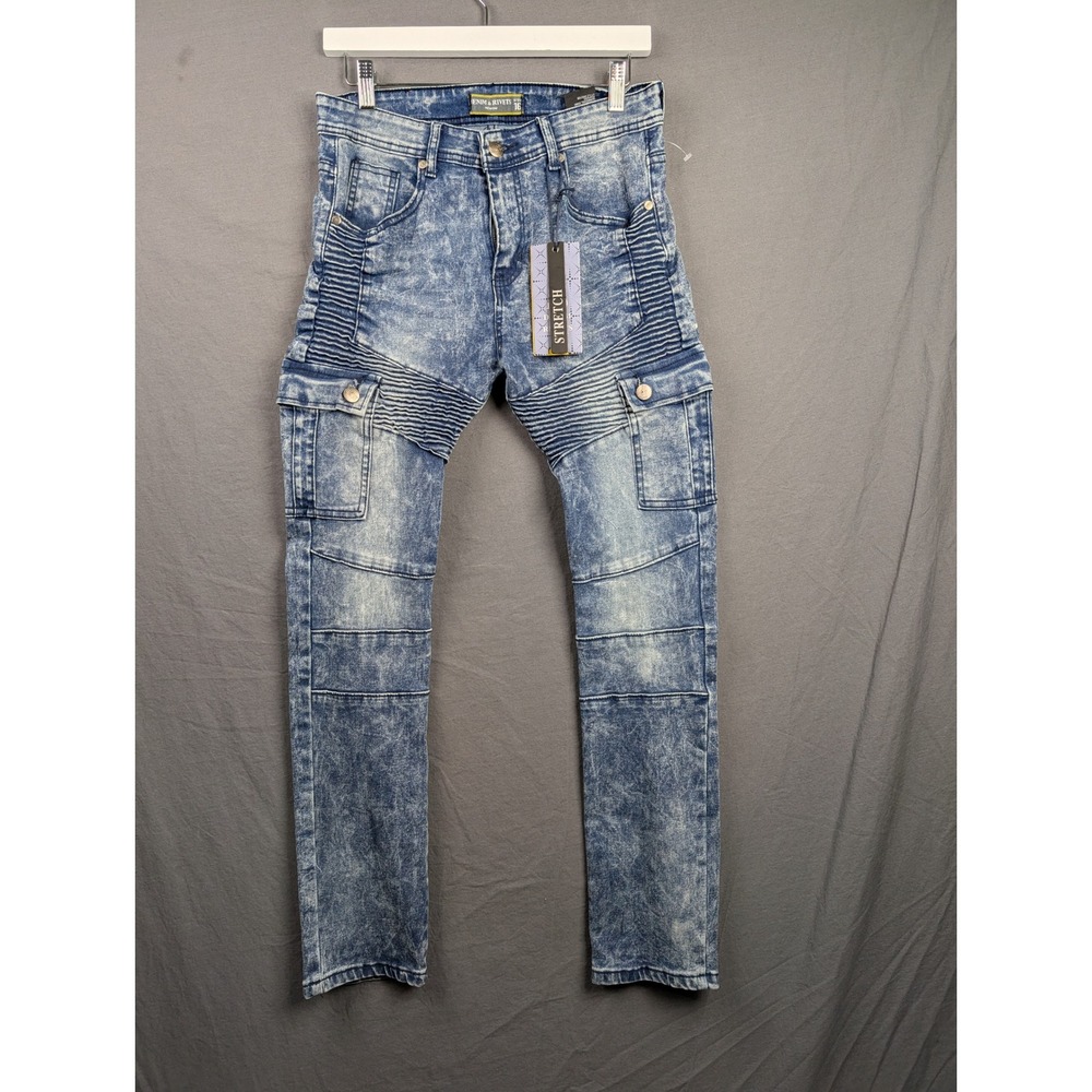Denim‎ & Rivets Boys Size 16 Moto Biker Cargo Jeans Acid Wash Blue